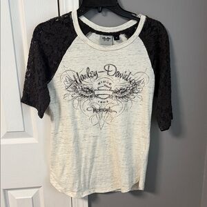 Harley-Davidson White Tee with Black Lace Raglan Sleeves